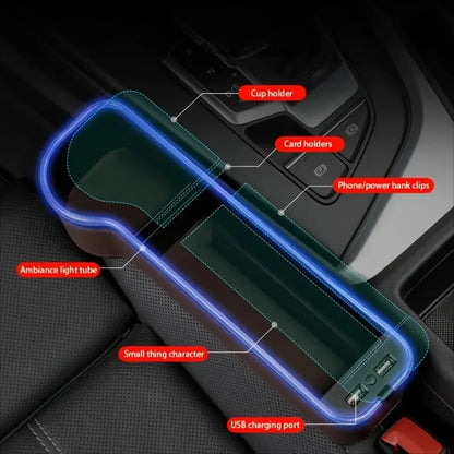 New Car Crevice Storage Box with 2 USB Charger Colorful LED Car Seat Gap Filler with Bottle Cups Holder Car Accessories